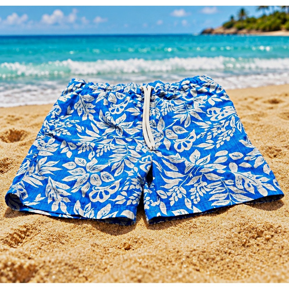 Sand N Sun Men's Swim Trunks M Blue/Khaki Tropical Floral Elastic Waist Lined
